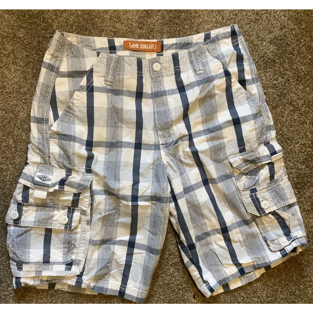 Lee Cargo Shorts Mens 32 White Navy Gray Plaid Chino 11" Inseam Pockets